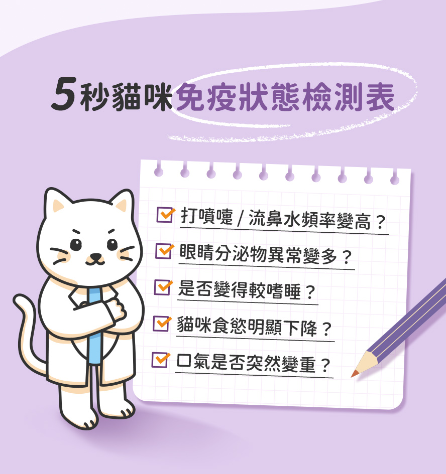 5大貓咪免疫徵兆：口水多、食慾差、流鼻涕、眼睛分泌物多。